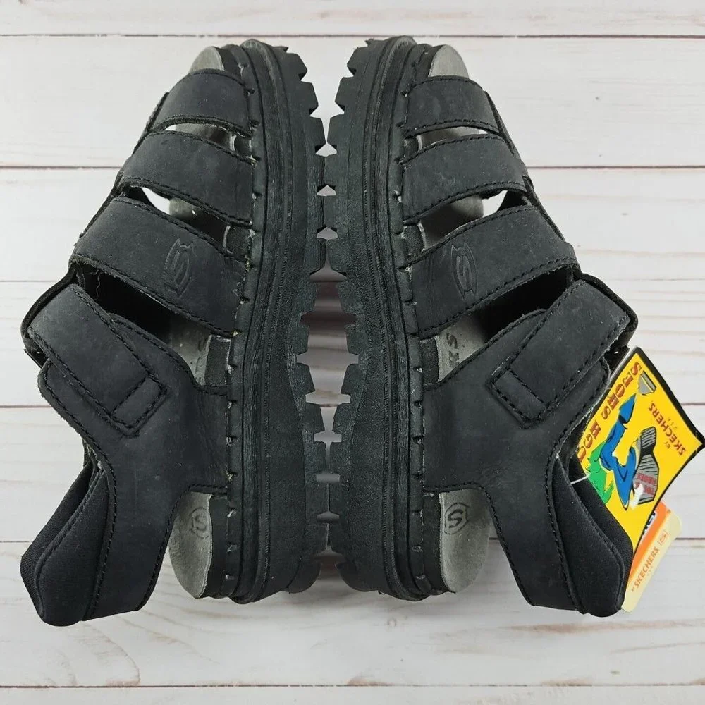 Skechers Youth Size 1 Black Chunky Leather Sandals Platform Y2K‎ 90s Grunge